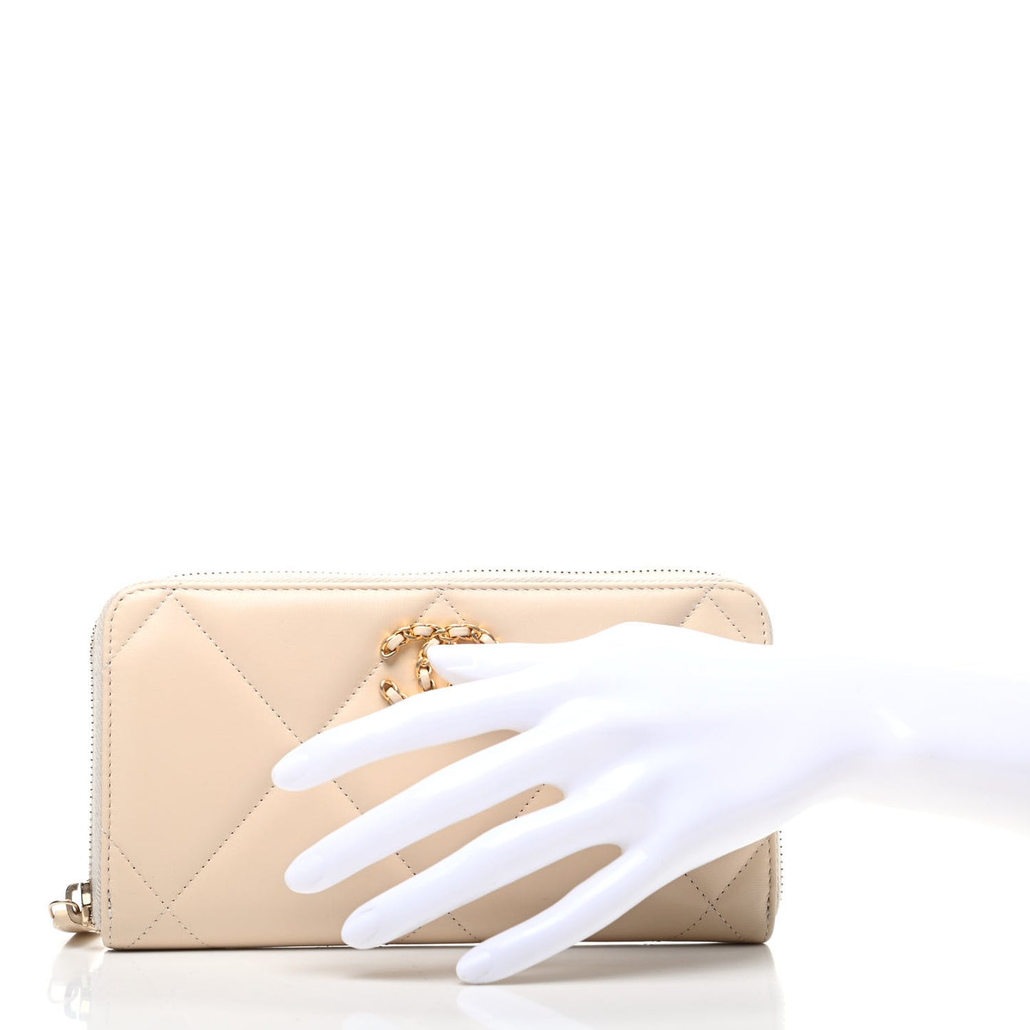 Shiny Goatskin Quilted 19 Long Zipped Around Wallet Beige