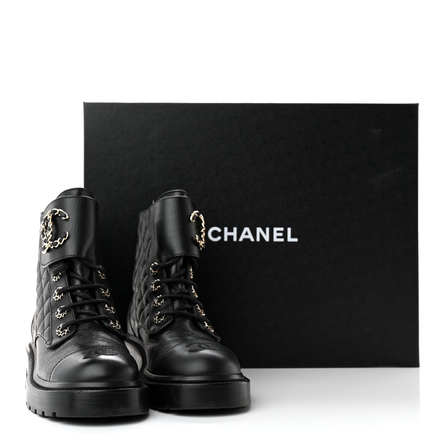 Shiny Goatskin Calfskin Quilted Lace Up Combat Boots 36.5 Black