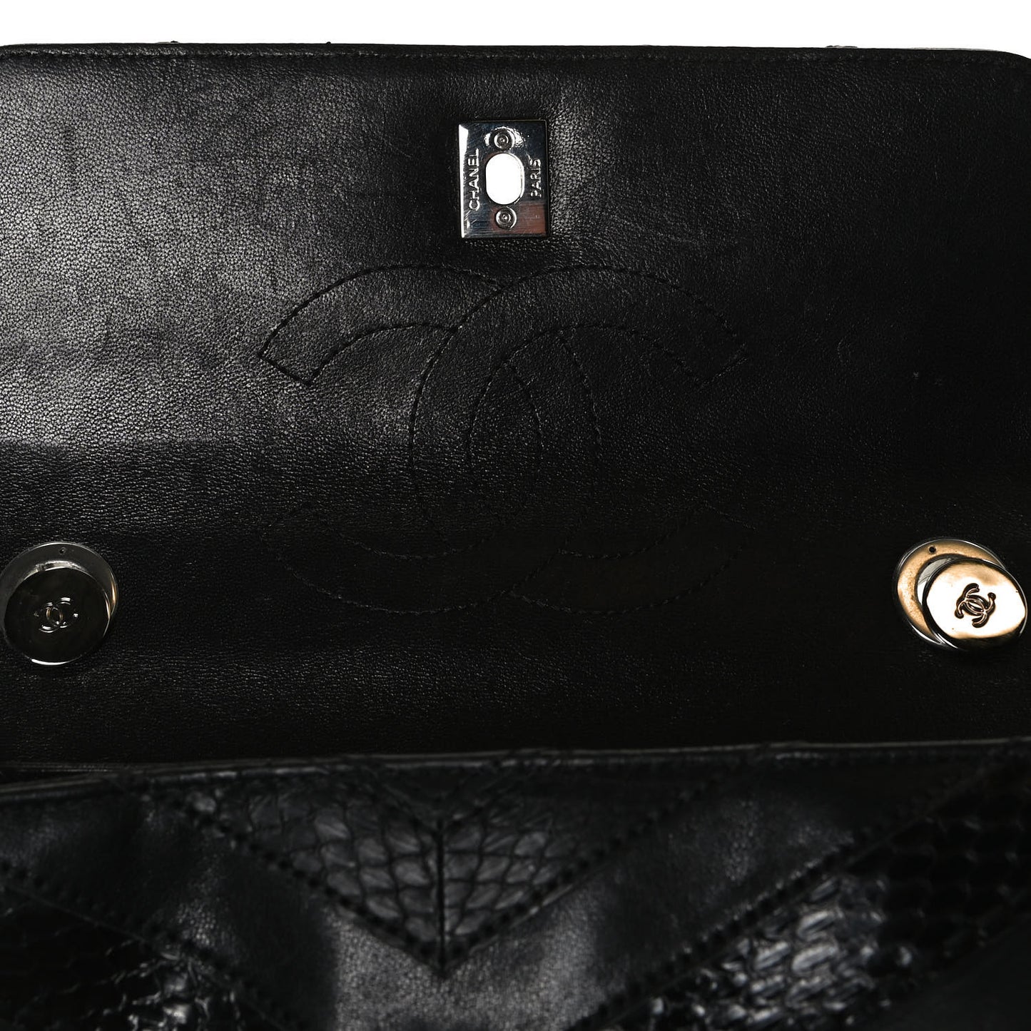 Calfskin Sheepskin Watersnake Chevron Quilted CC Small Trendy CC Dual Handle Flap Bag Black