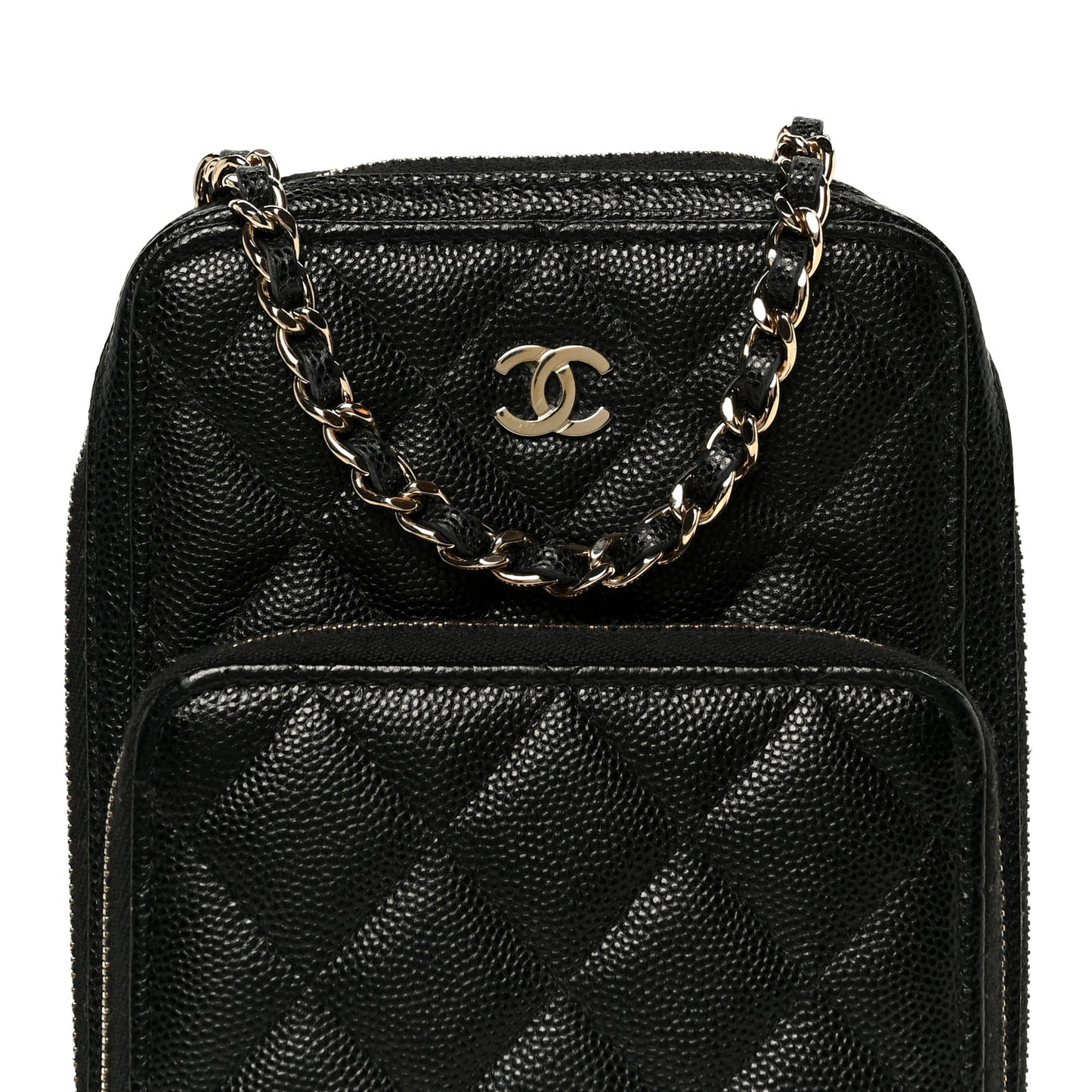 Caviar Quilted Phone Holder With Chain Black
