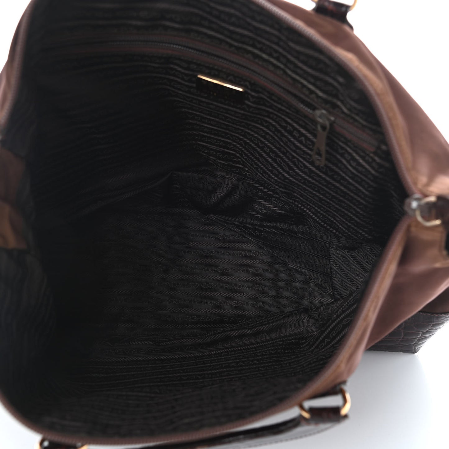 Tessuto Nylon Calfskin Crocodile Embossed Tote Brown