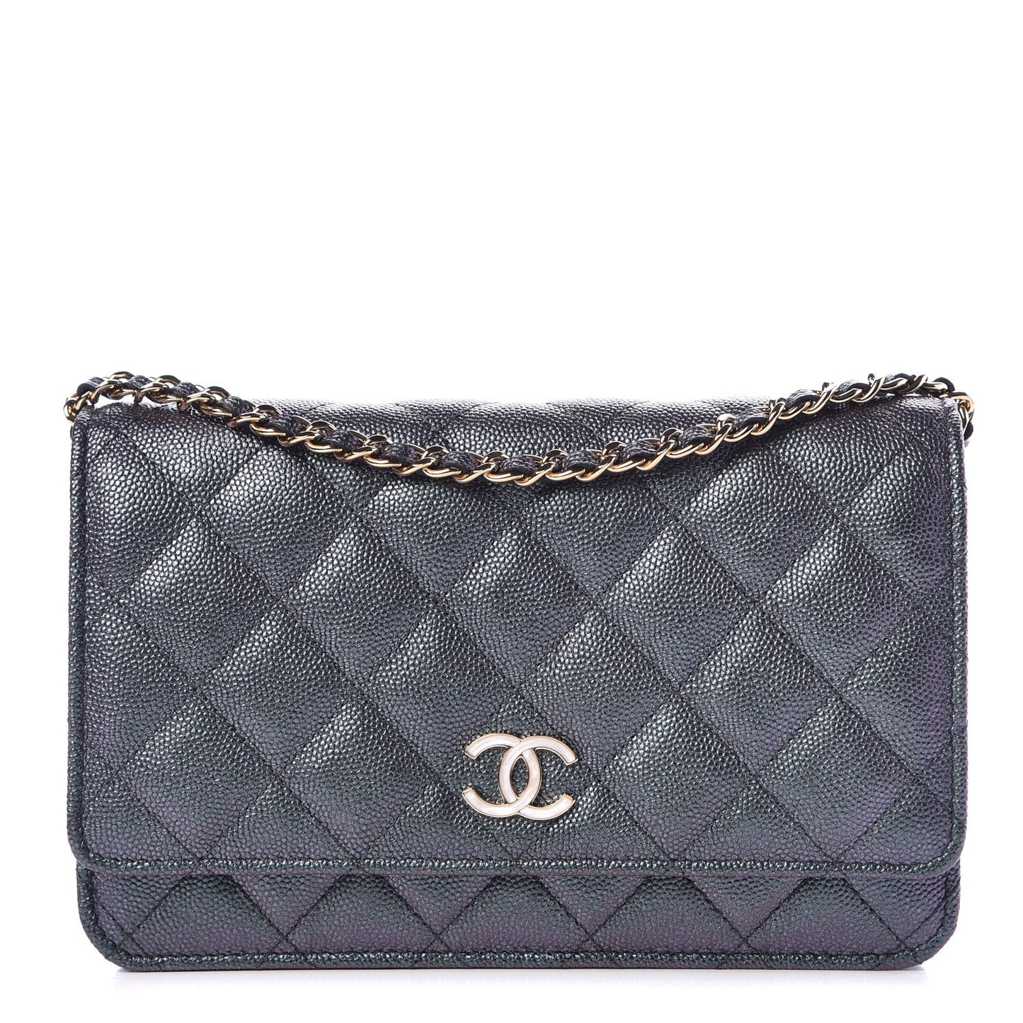 Iridescent Caviar Quilted Wallet On Chain WOC Black