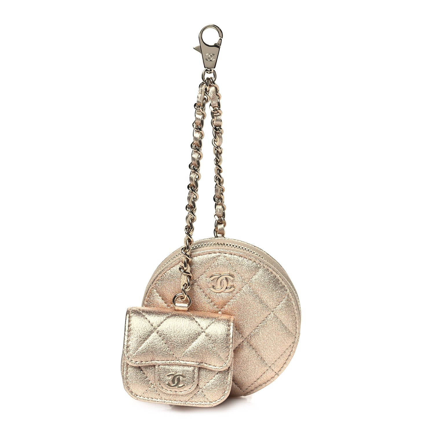 Chanel Metallic Lambskin Quilted Round Clip On Coin Purse Airpods Case Gold 1 of 12