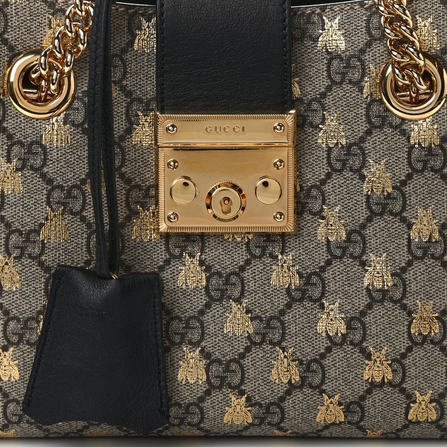 GG Supreme Monogram Bees Small Padlock Tote Beige Oro Black