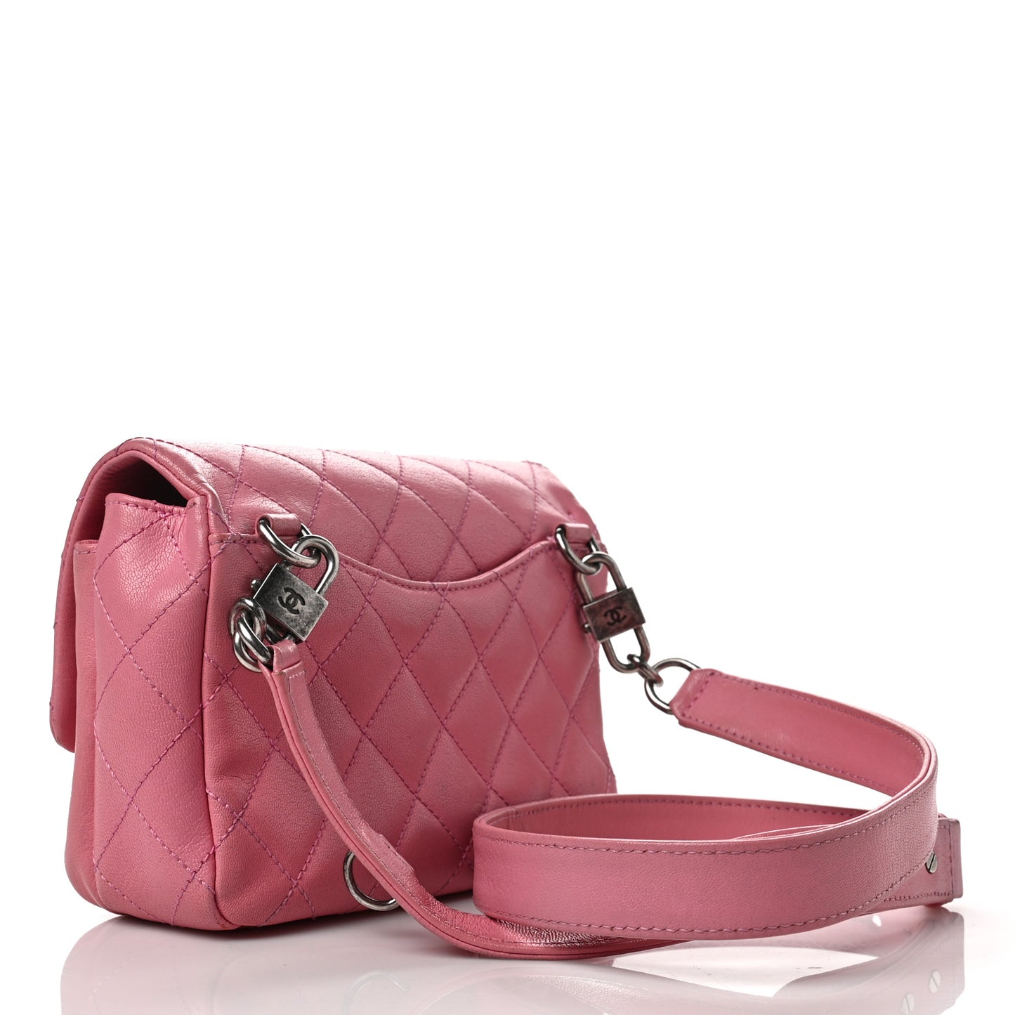 Shiny Goatskin Quilted Small Double Carry Waist Chain Flap Pink