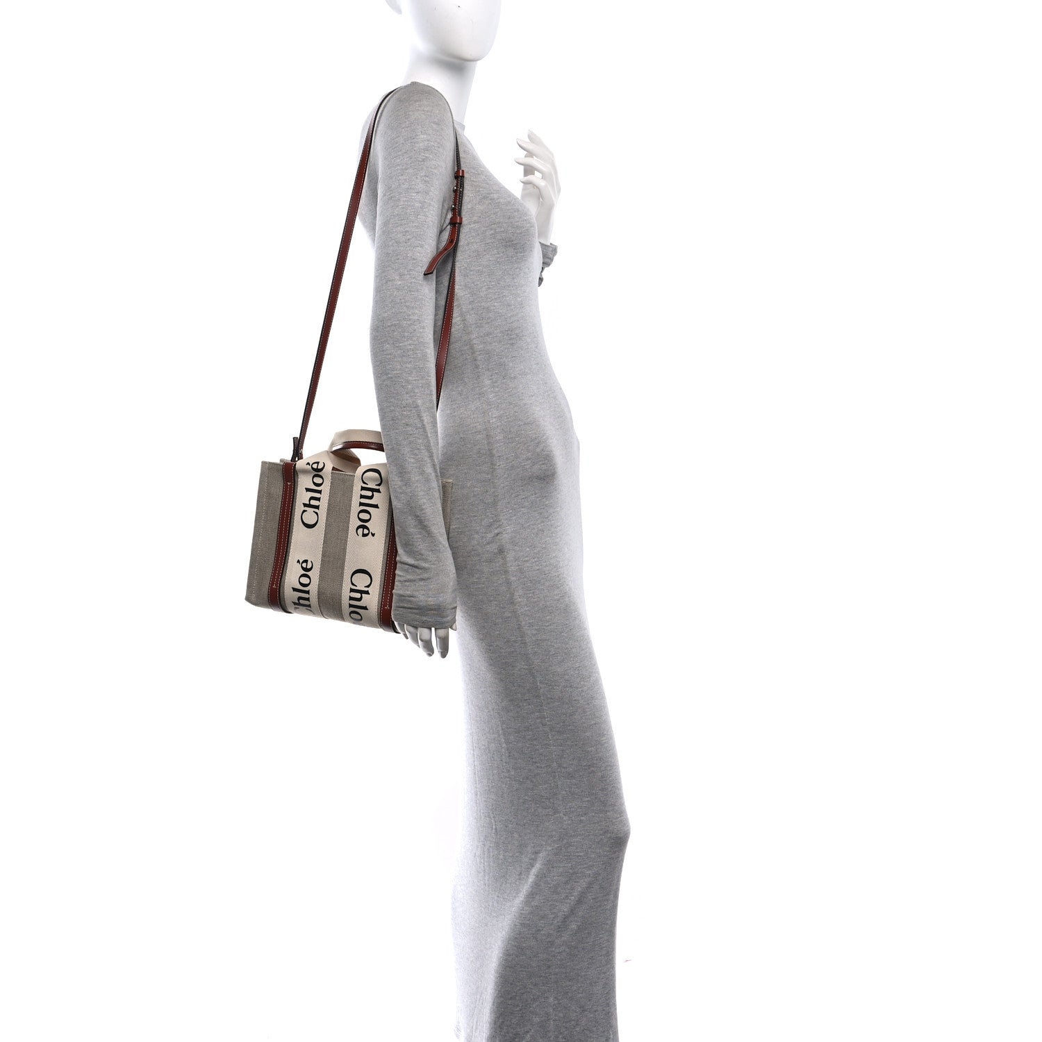 Chloe Cotton Calfskin Small Woody Ribbon Tote With Strap White Brown 2 of 10
