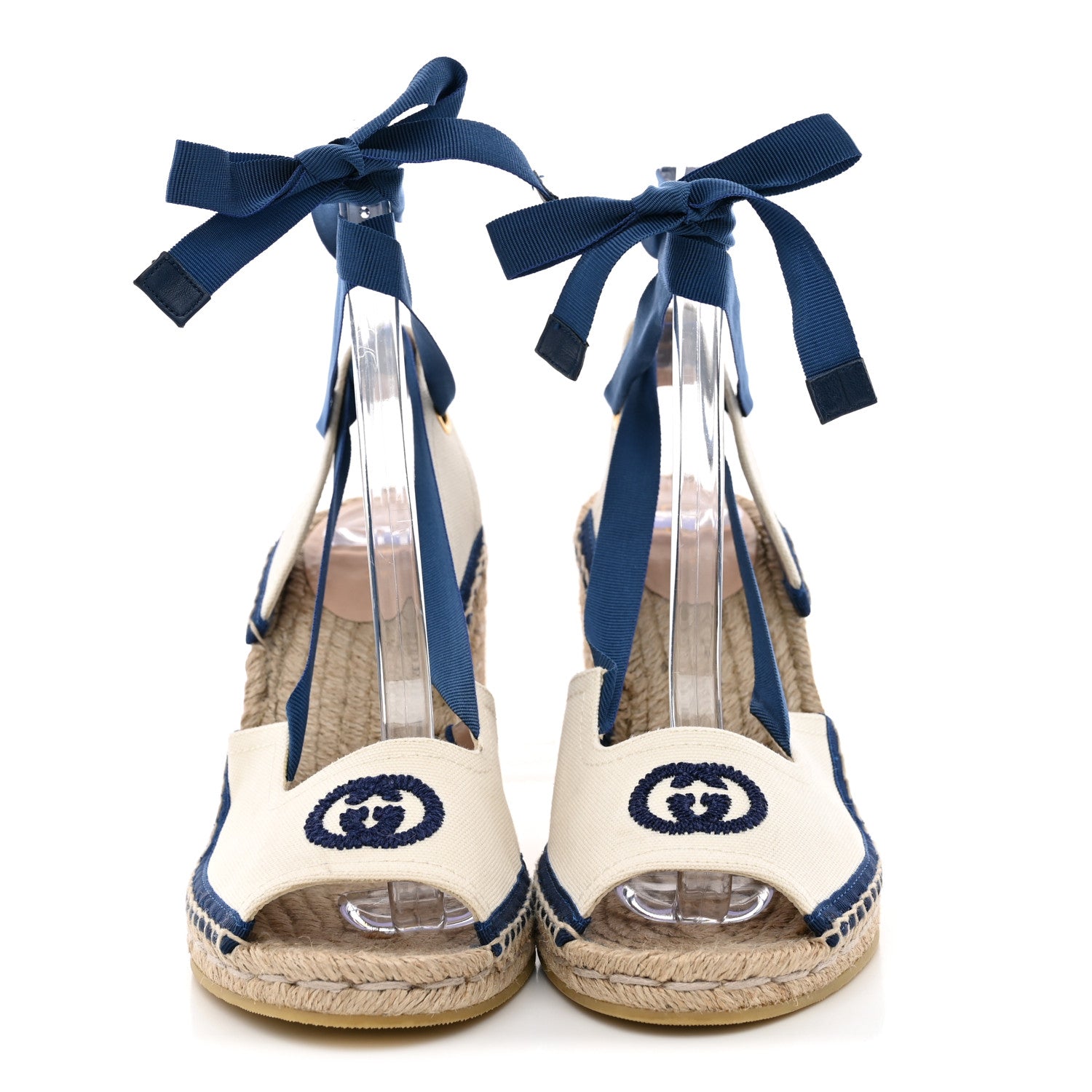Gucci Canvas GG Ankle Wrap Platform Espadrille Wedges 37 Mystic White Royale Blue 3 of 12