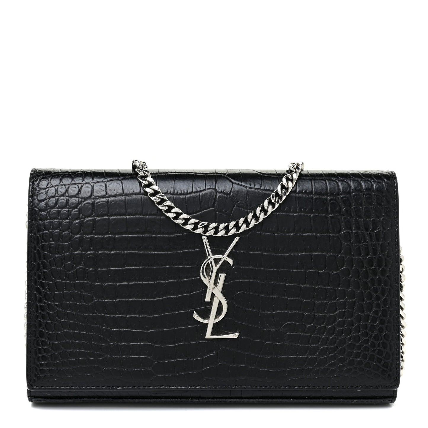 Calfskin Crocodile Embossed Monogram Chain Wallet Black