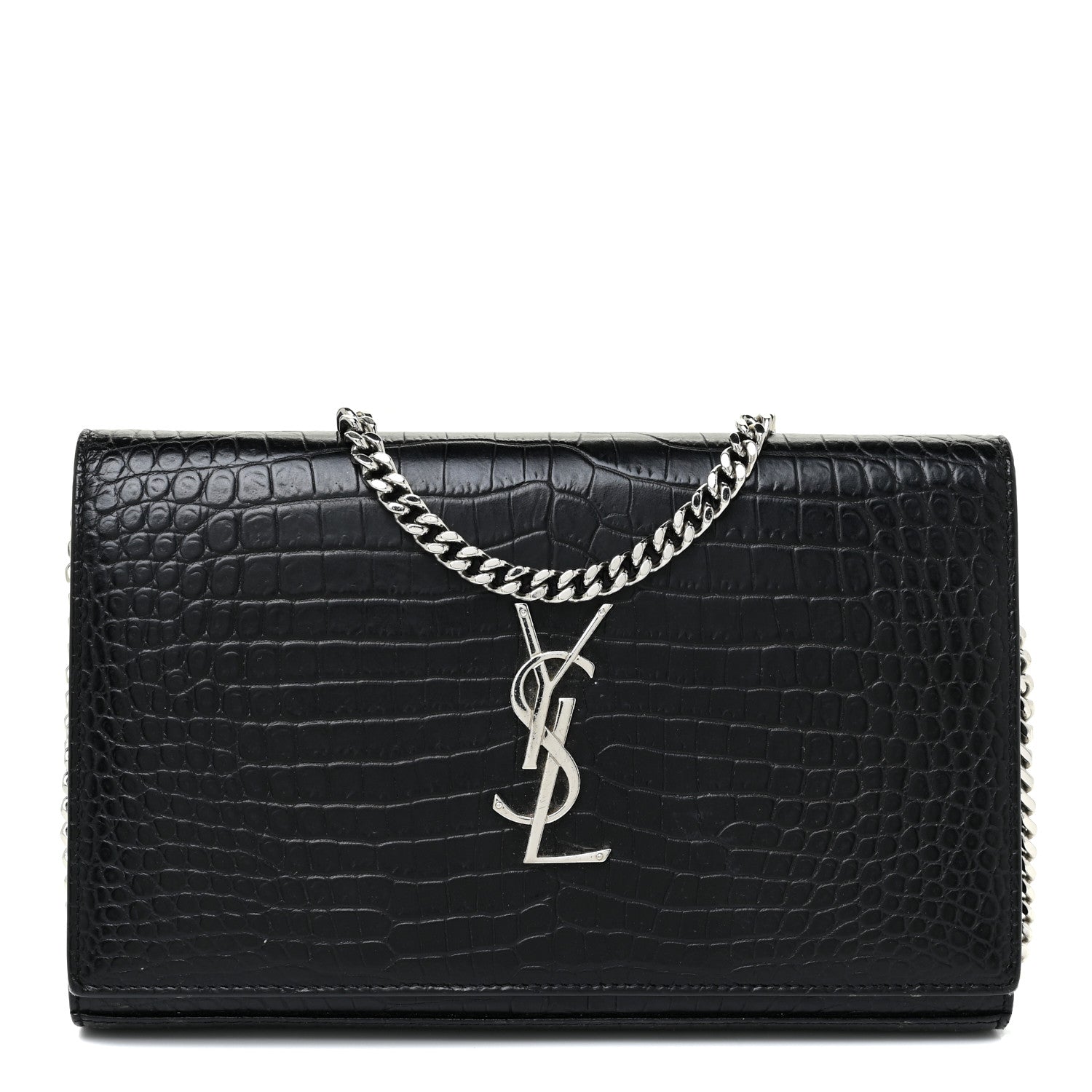 Saint Laurent Calfskin Crocodile Embossed Monogram Chain Wallet Black 1 of 16