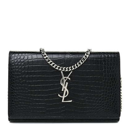 Saint Laurent Calfskin Crocodile Embossed Monogram Chain Wallet Black 1 of 16