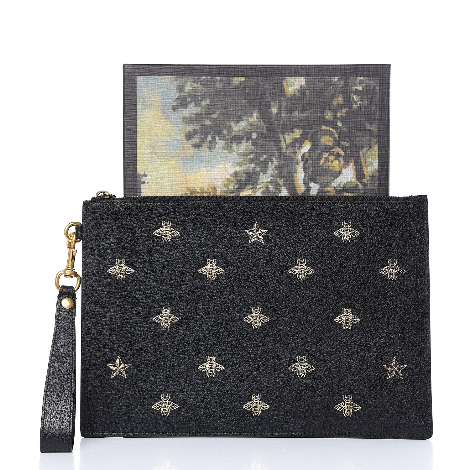 Gucci Dollar Calfskin Boar Effect Bee Star Zip Wristlet Pouch Black 8 of 8