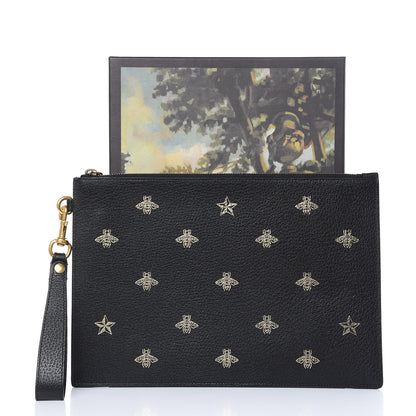 Gucci Dollar Calfskin Boar Effect Bee Star Zip Wristlet Pouch Black 8 of 8