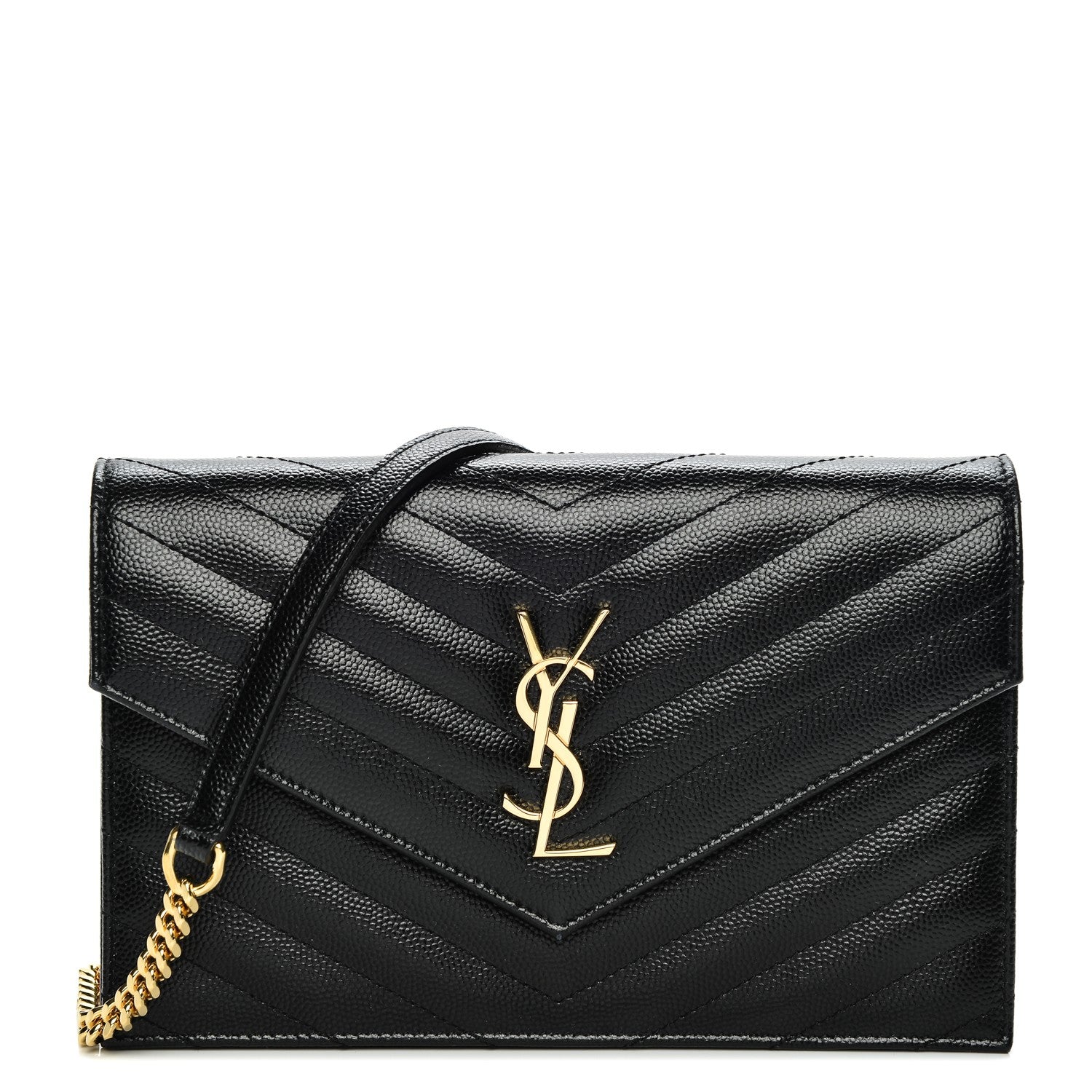 Saint Laurent Grain De Poudre Matelasse Chevron Monogram Envelope Chain Wallet Black 1 of 7