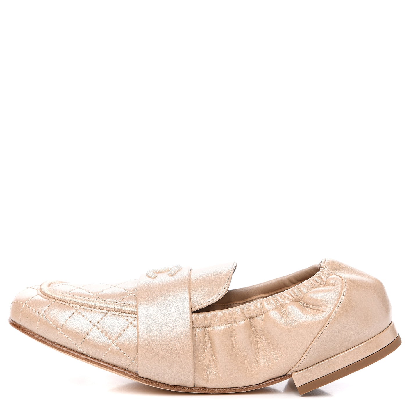 Laminated Lambskin Womens Quilted Elastic CC Moccasin Loafers 36 Beige