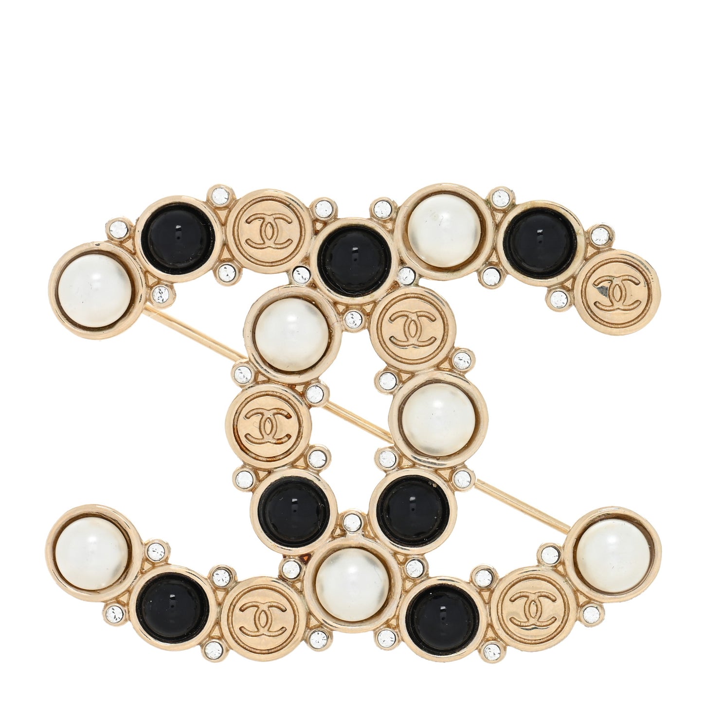Crystal Pearl Metal Resin Polka Dot CC Brooch Black Gold