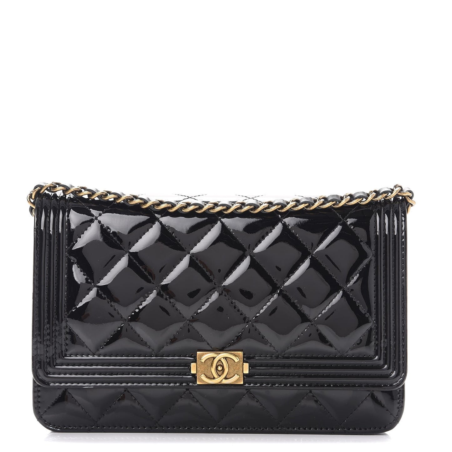 Patent Calfskin Quilted Boy Wallet On Chain WOC Black