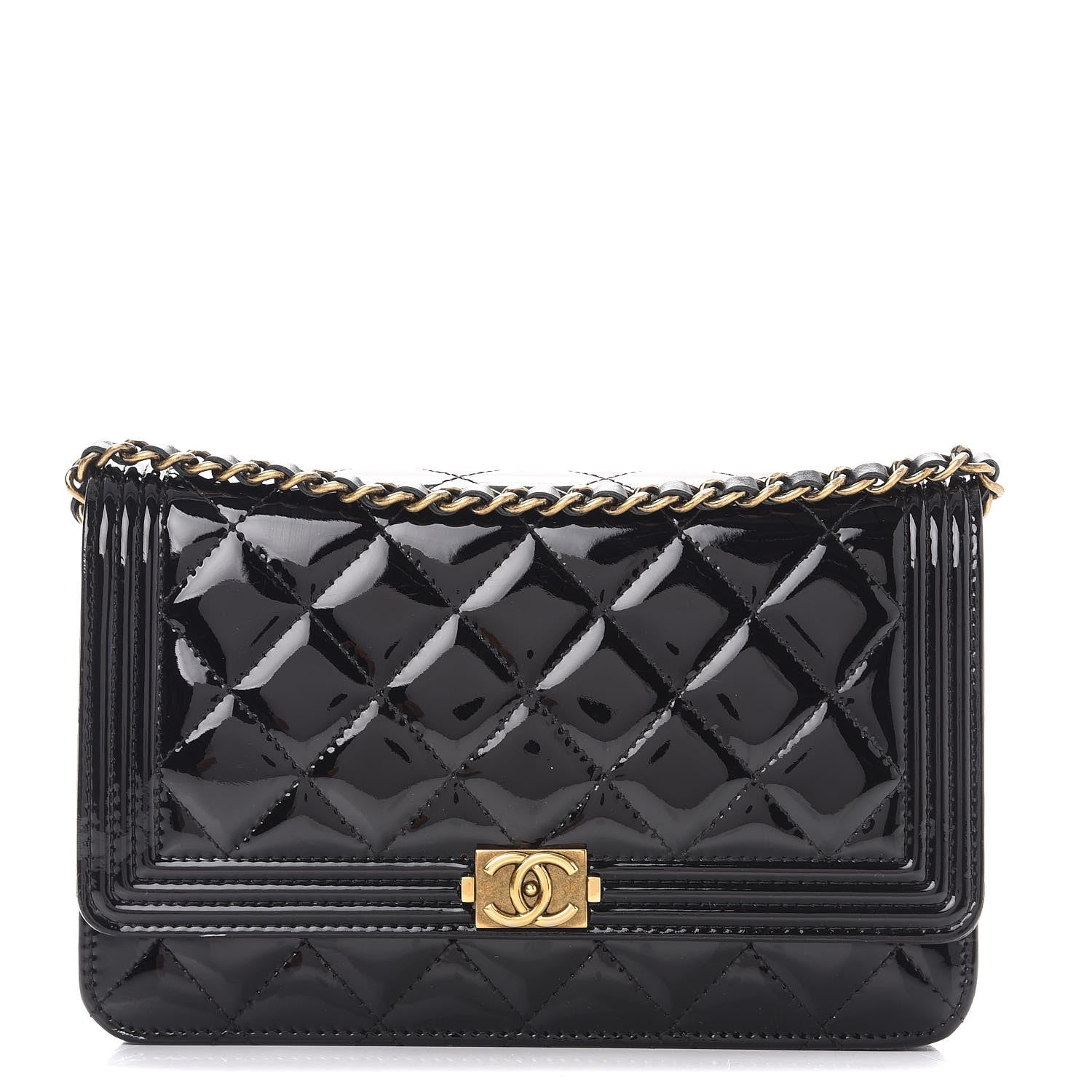 Chanel Patent Calfskin Quilted Boy Wallet On Chain WOC Black 1 of 8