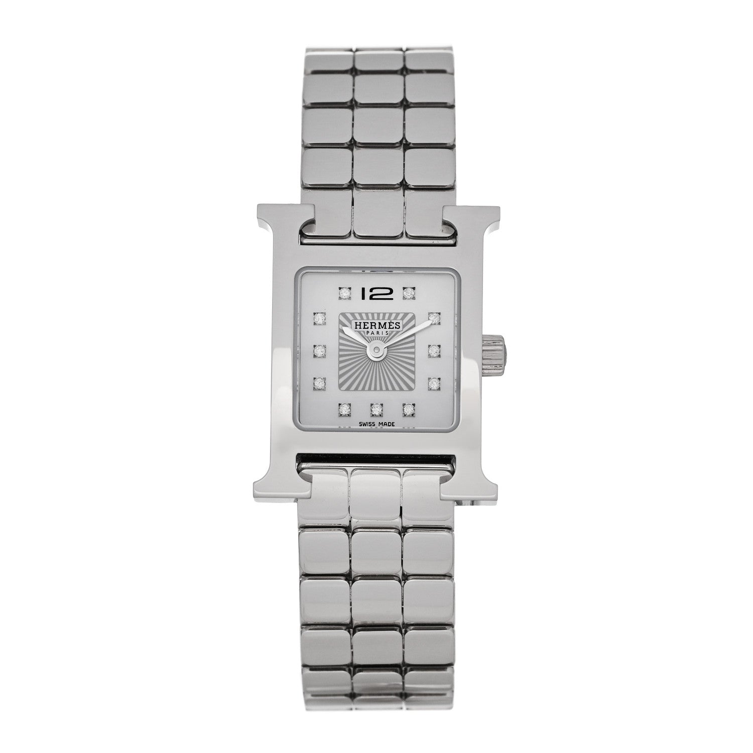 Hermes Stainless Steel Diamond Mother of Pearl 17.2mm Heure H Hour Quartz Watch 1 of 5