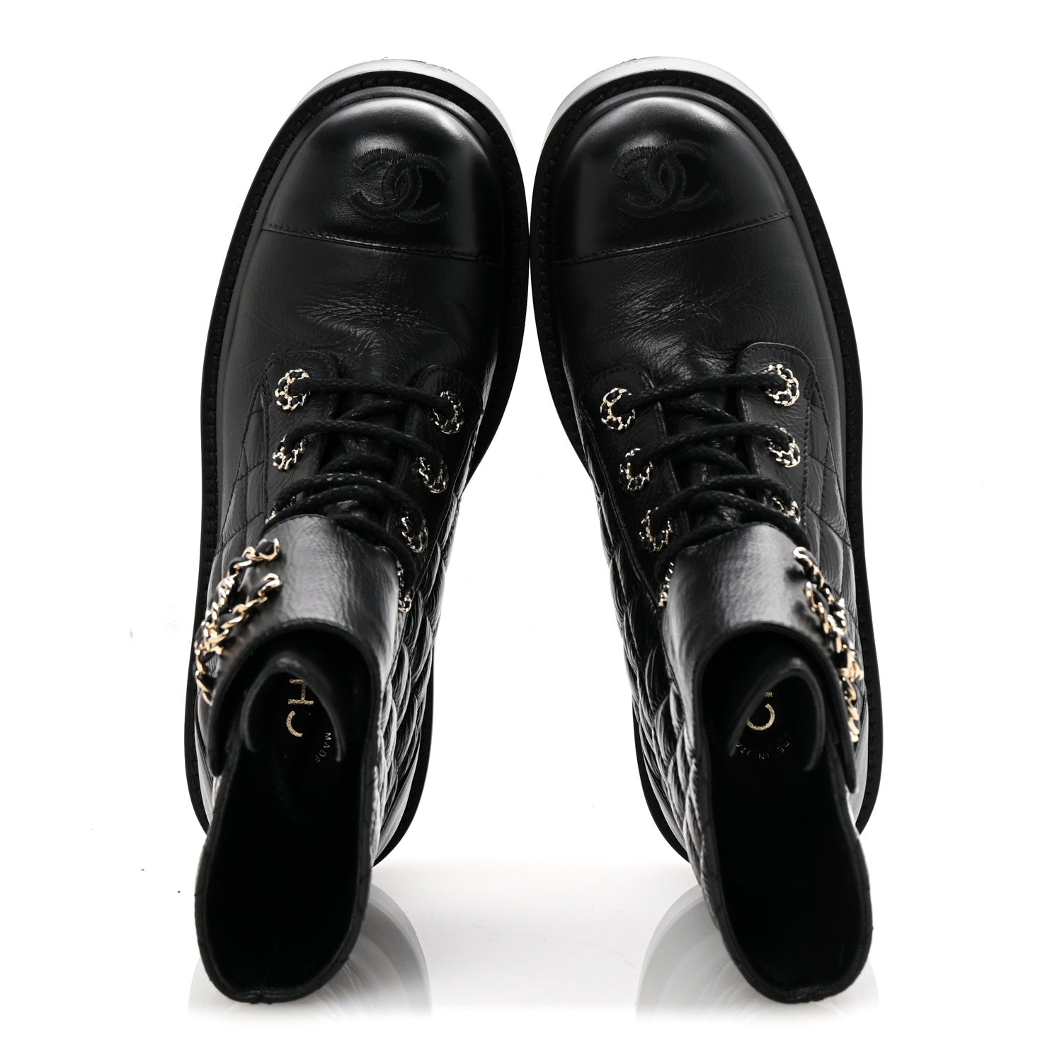 Chanel Shiny Goatskin Calfskin Quilted Lace Up Combat Boots 36.5 Black 2 of 10