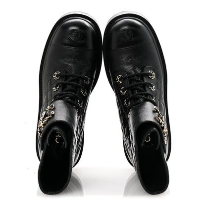 Chanel Shiny Goatskin Calfskin Quilted Lace Up Combat Boots 36.5 Black 2 of 10