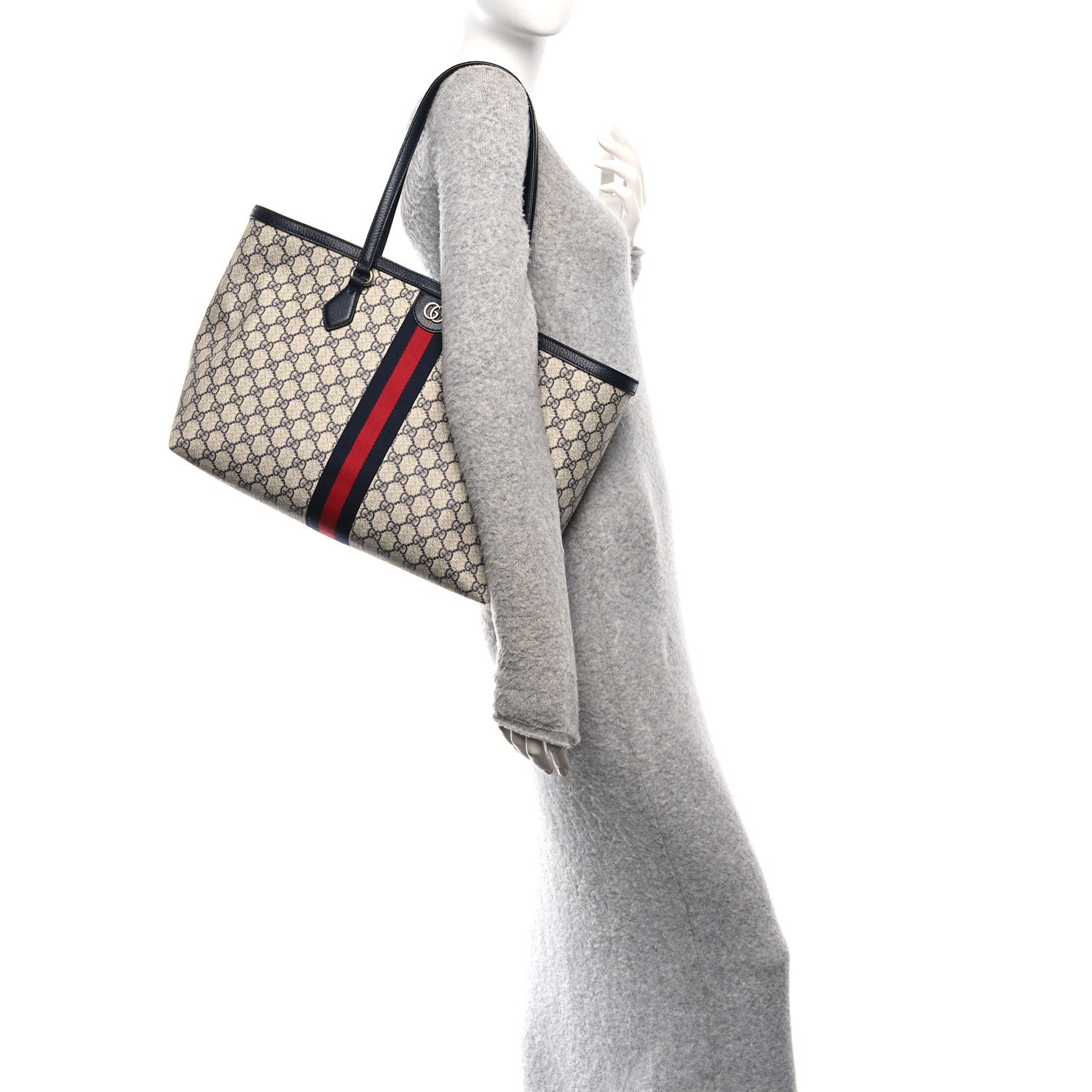 Gucci GG Supreme Monogram Textured Calfskin Web Medium Ophidia Shopping Tote Beige Blue 2 of 10