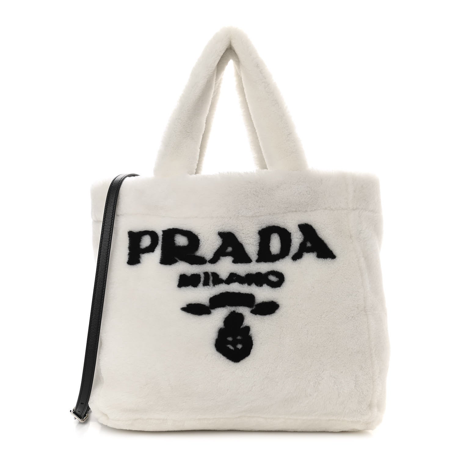 Prada Shearling Logo Tote White Black 3 of 11