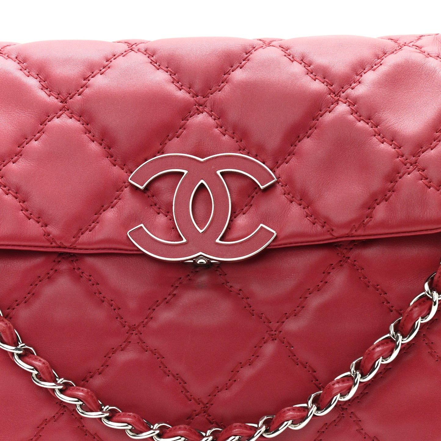 Calfskin Double Stitch Large Hamptons Flap Bag Red
