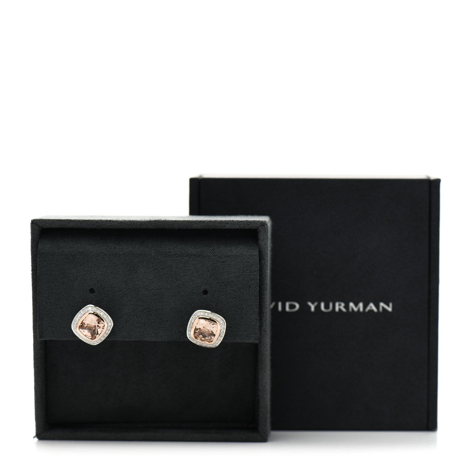 David Yurman Sterling Silver 18K Rose Gold Diamond Morganite 7mm Petite Albion Earrings 5 of 5