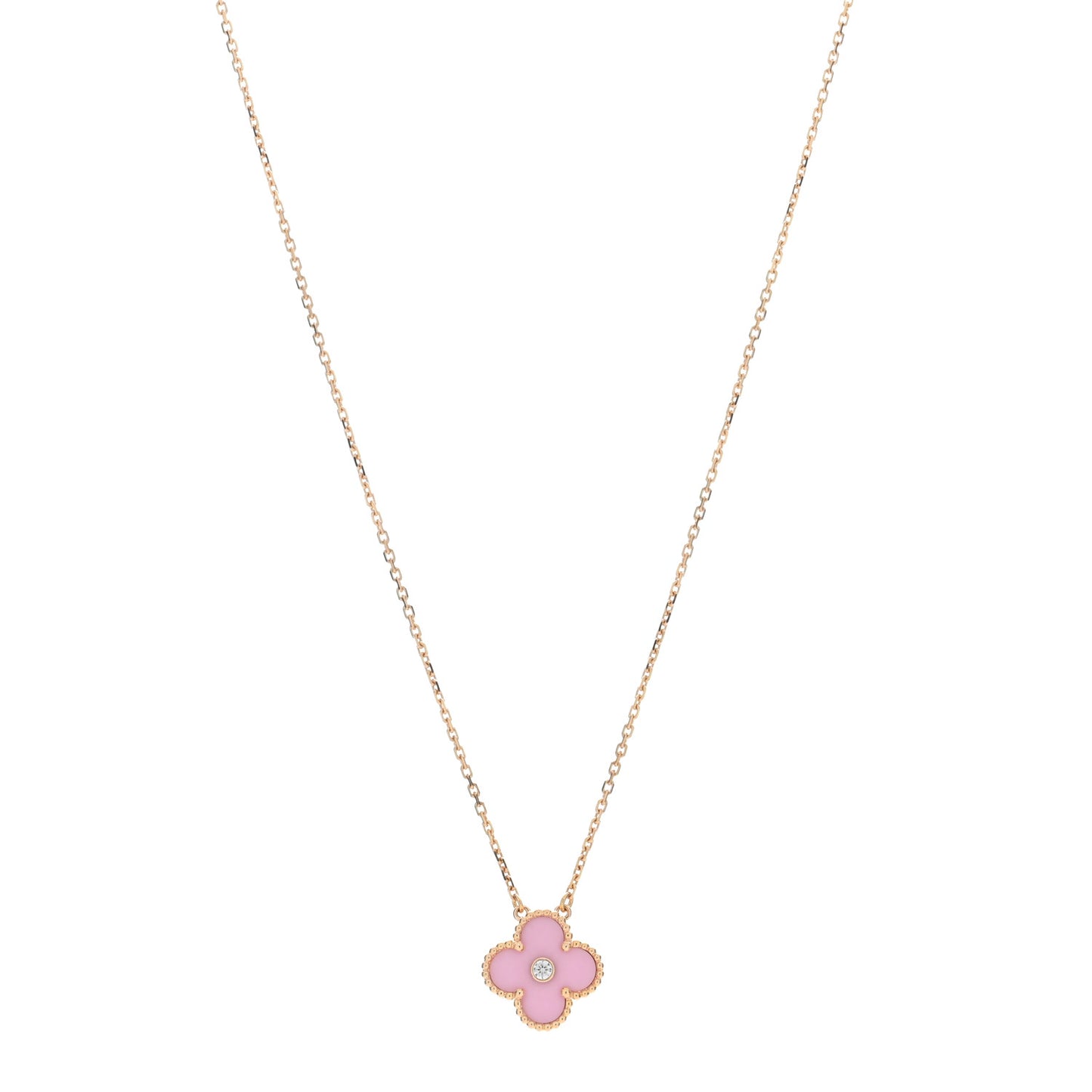 VAN CLEEF & ARPELS 18K Rose Gold Diamond Pink Porcelain Vintage Alhambra Pendant Necklace