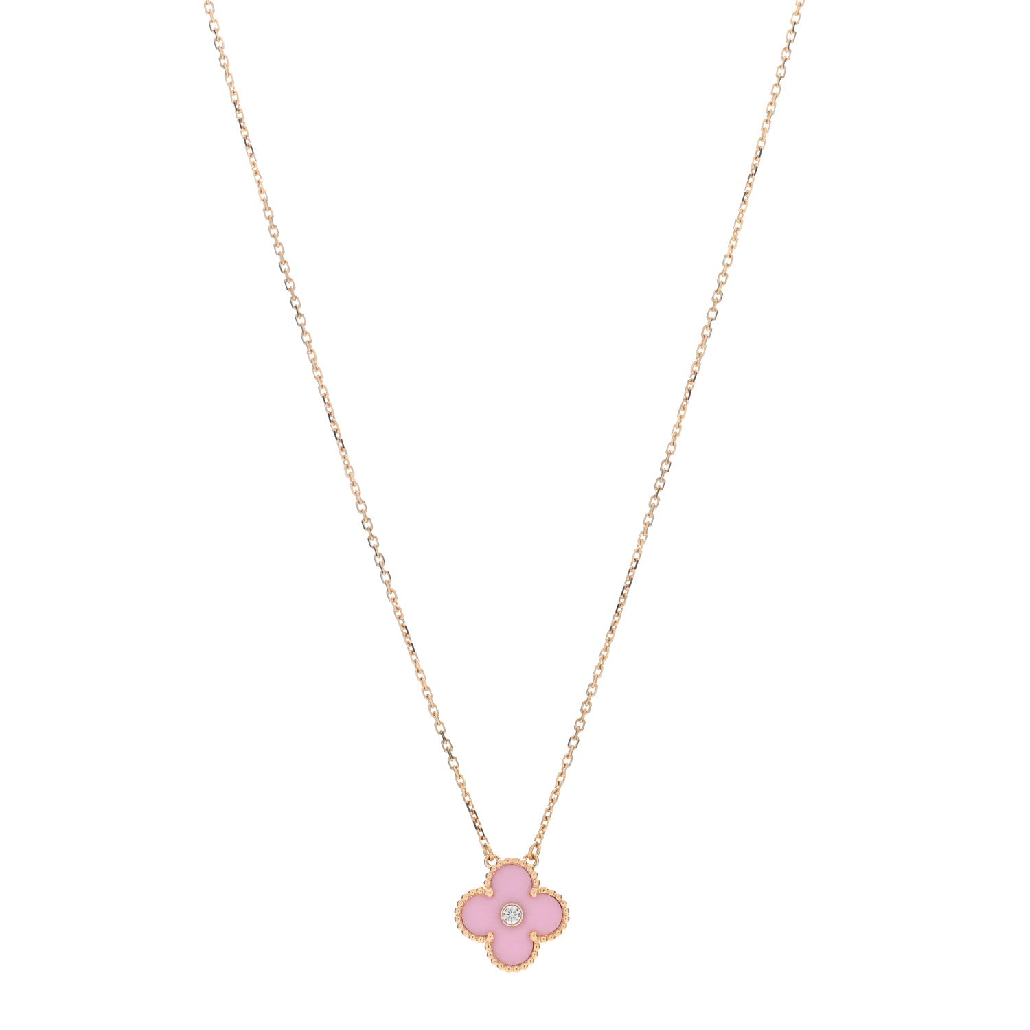 Van Cleef & Arpels VAN CLEEF & ARPELS 18K Rose Gold Diamond Pink Porcelain Vintage Alhambra Pendant Necklace 1 of 4
