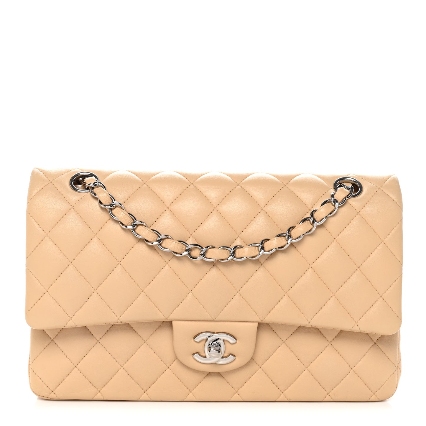 Lambskin Quilted Medium Double Flap Beige