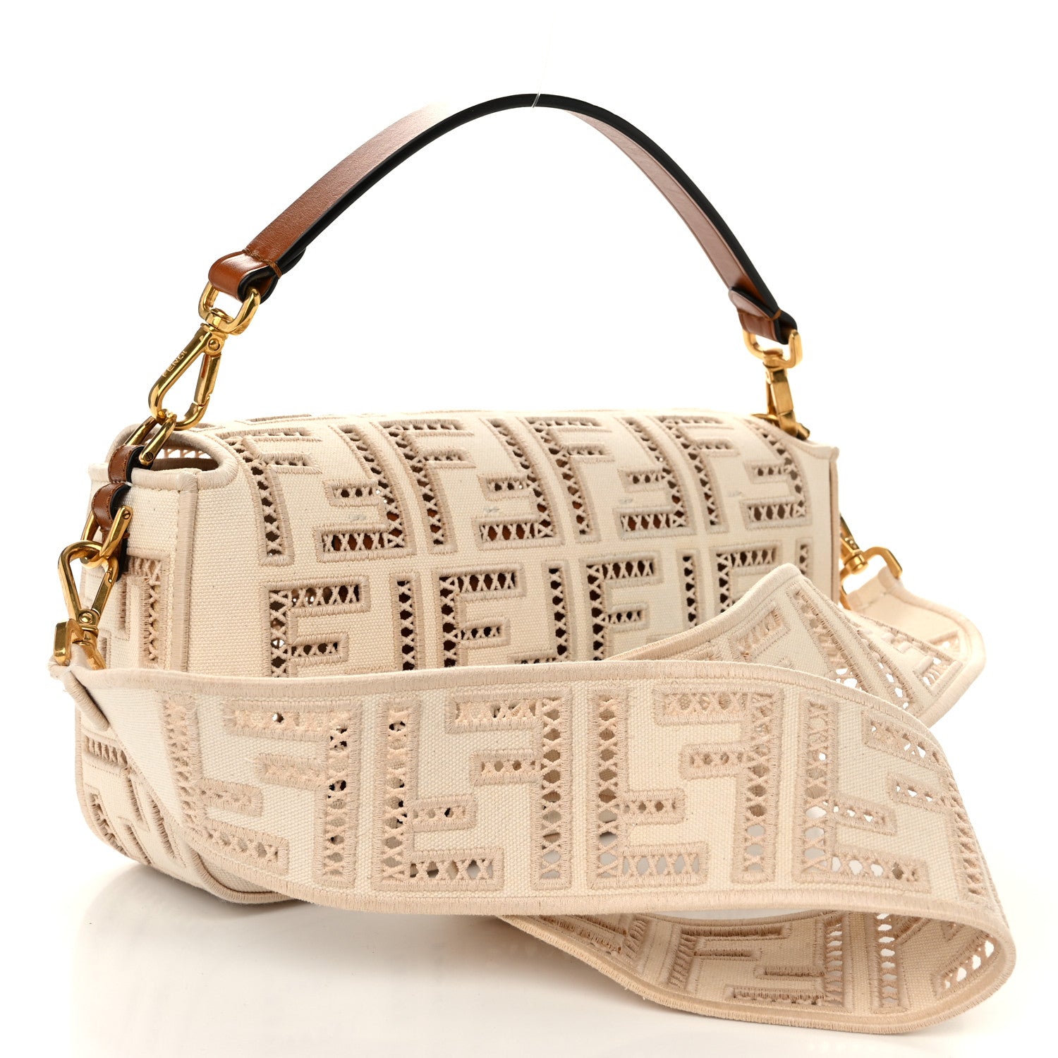 Fendi Canvas Cuoio Agata FF Ajour Embroidered Baguette Grezzo Cuoio 3 of 9