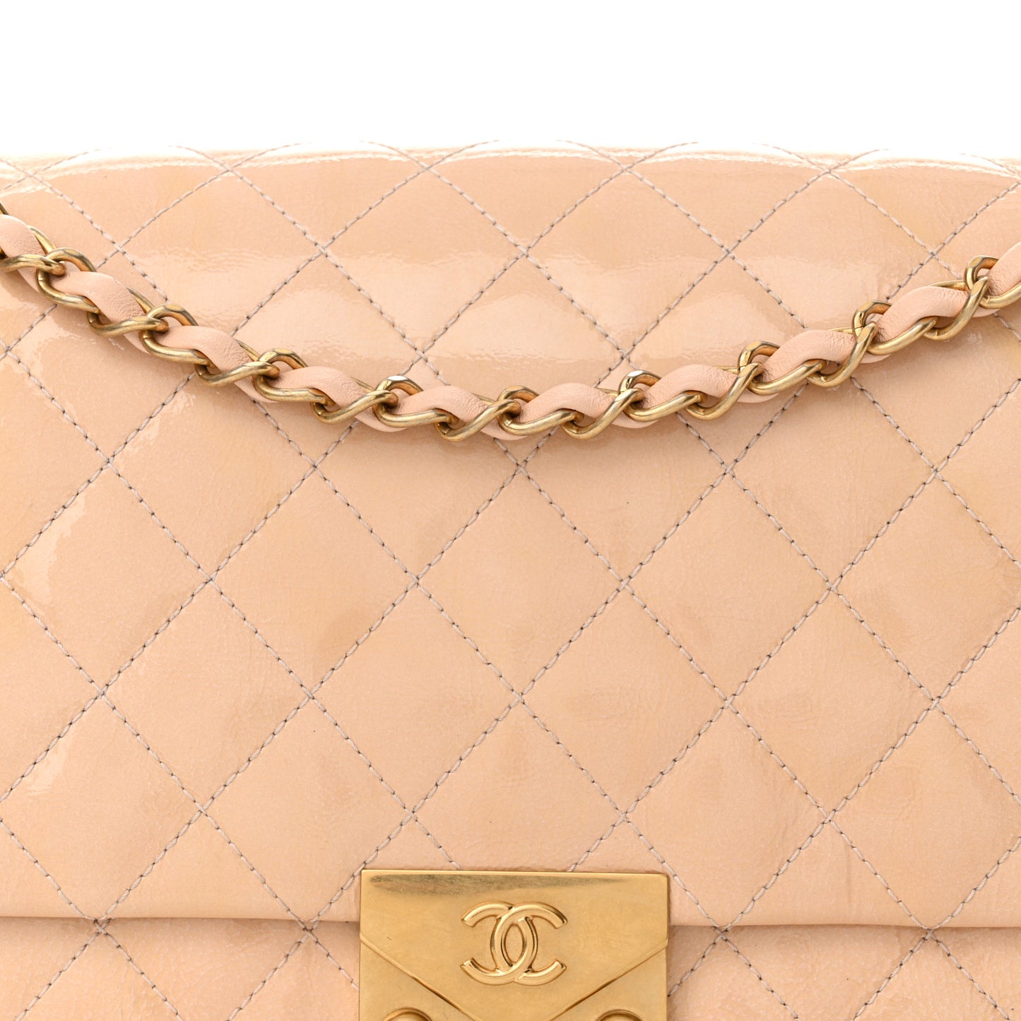 Patent Goatskin Quilted 3 Pocket Accordion Flap Light Beige