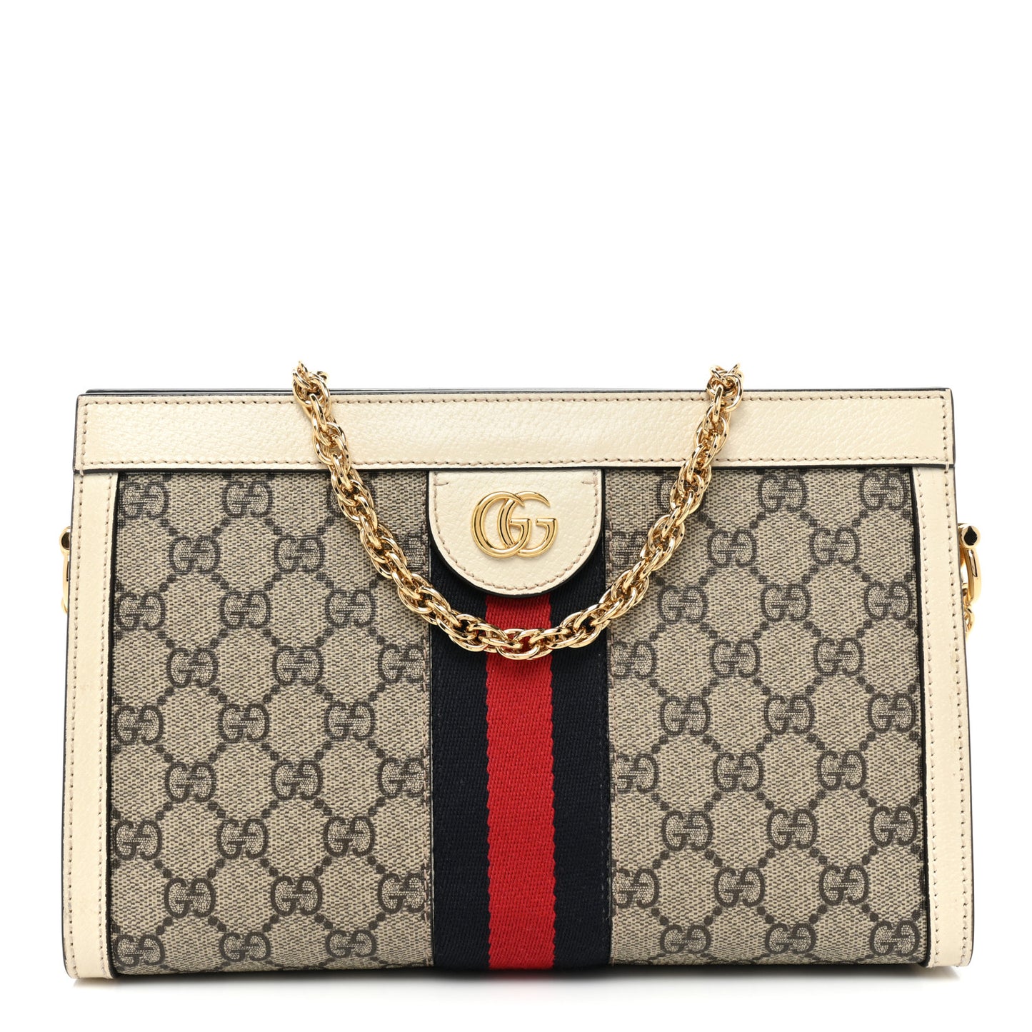 GG Supreme Monogram Textured Calfskin Web Small Ophidia Chain Shoulder Bag Beige Ebony Mystic White