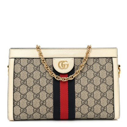 Gucci GG Supreme Monogram Textured Calfskin Web Small Ophidia Chain Shoulder Bag Beige Ebony Mystic White 1 of 17