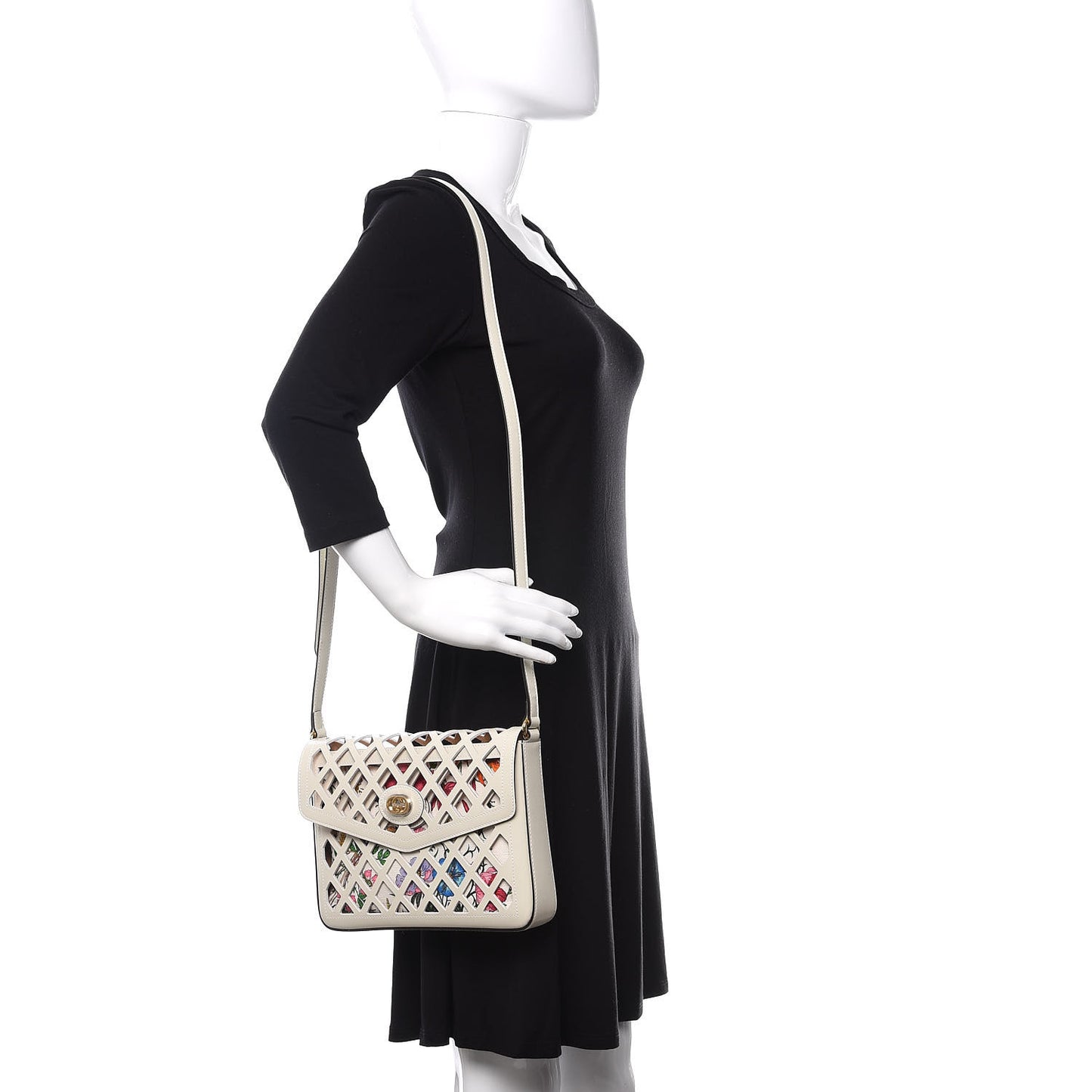 Canvas Flora Floral Calfskin Medium Cutout Shoulder Bag White Multicolor