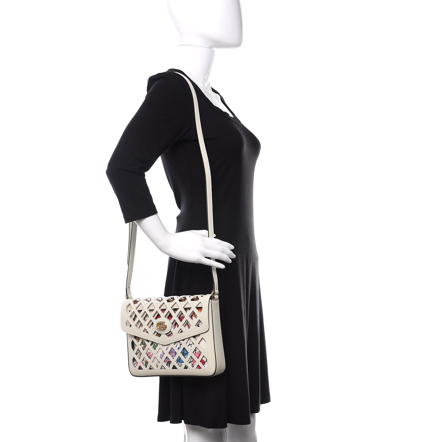 Gucci Canvas Flora Floral Calfskin Medium Cutout Shoulder Bag White Multicolor 2 of 10
