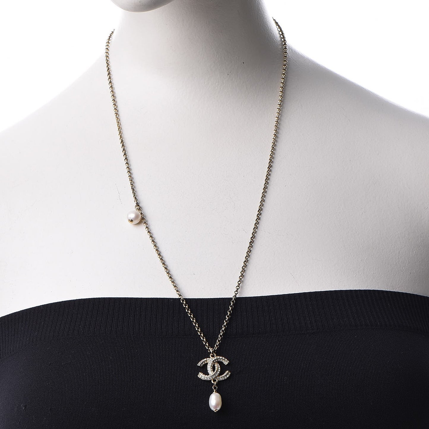 Pearl Crystal CC Drop Necklace Gold
