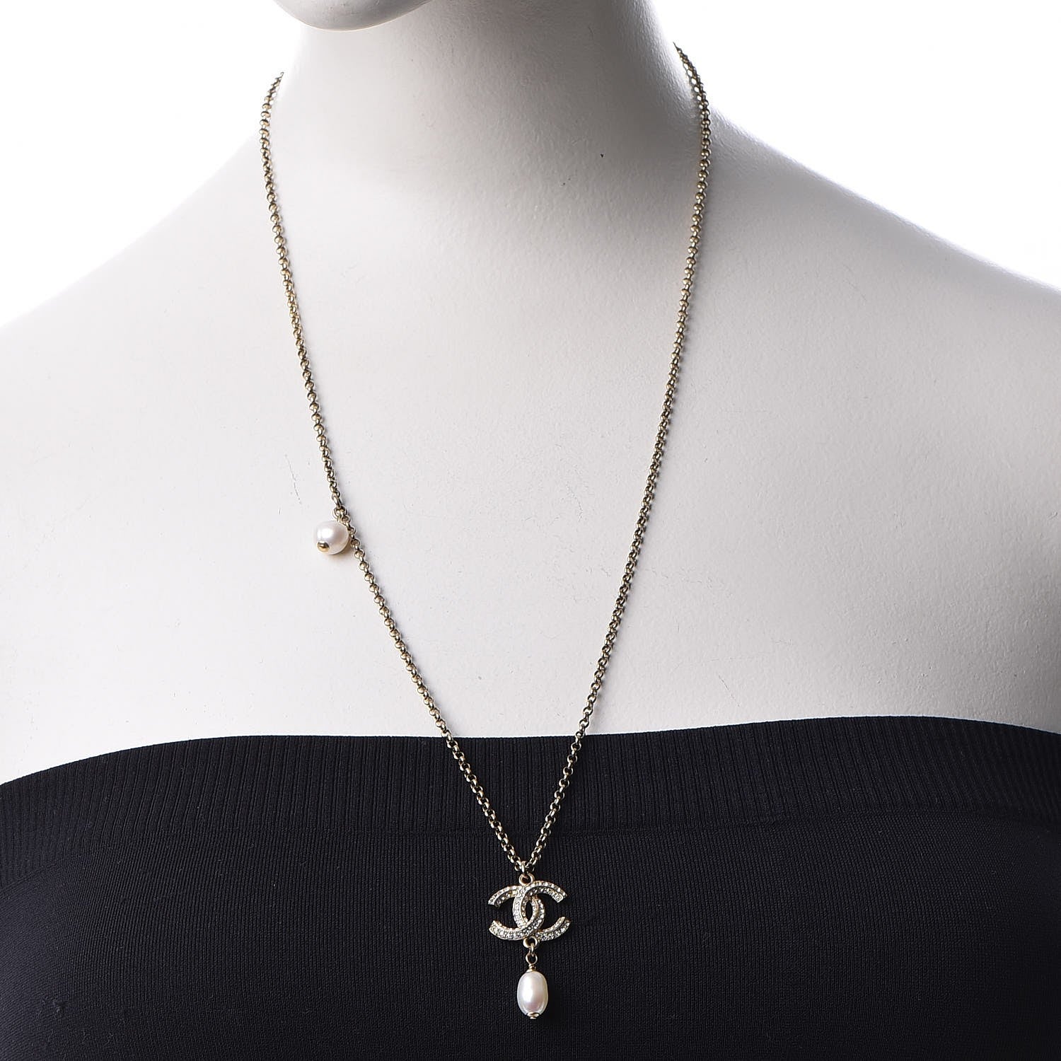 Chanel Pearl Crystal CC Drop Necklace Gold 2 of 7