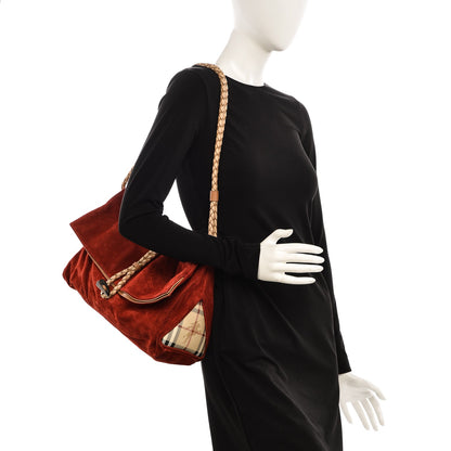 Burberry Suede Haymarket Check Horn Toggle Shoulder Bag Red 2 of 9