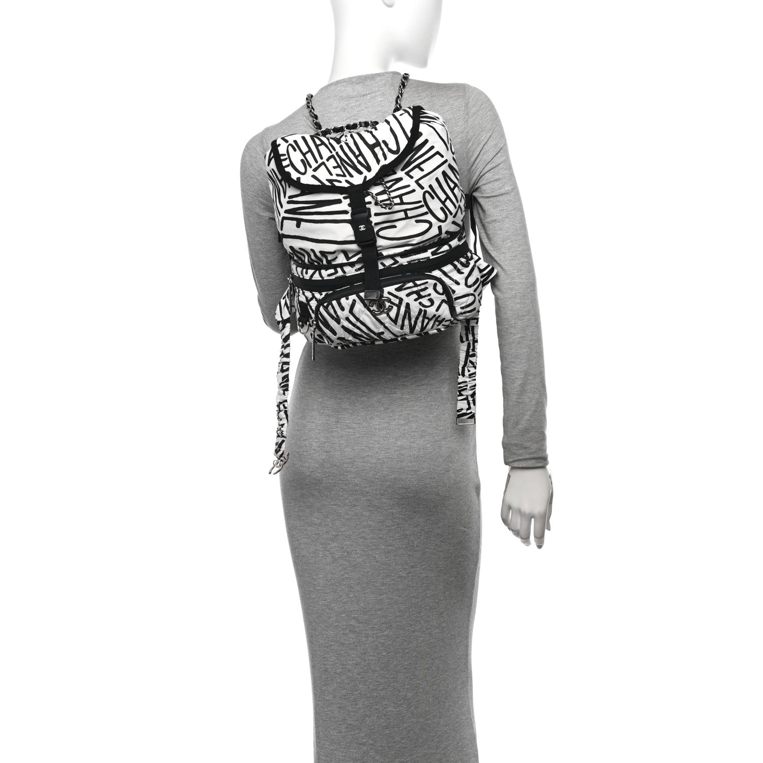 Chanel Nylon Printed Quilted Coco Neige Convertible Backpack Black White 2 of 10