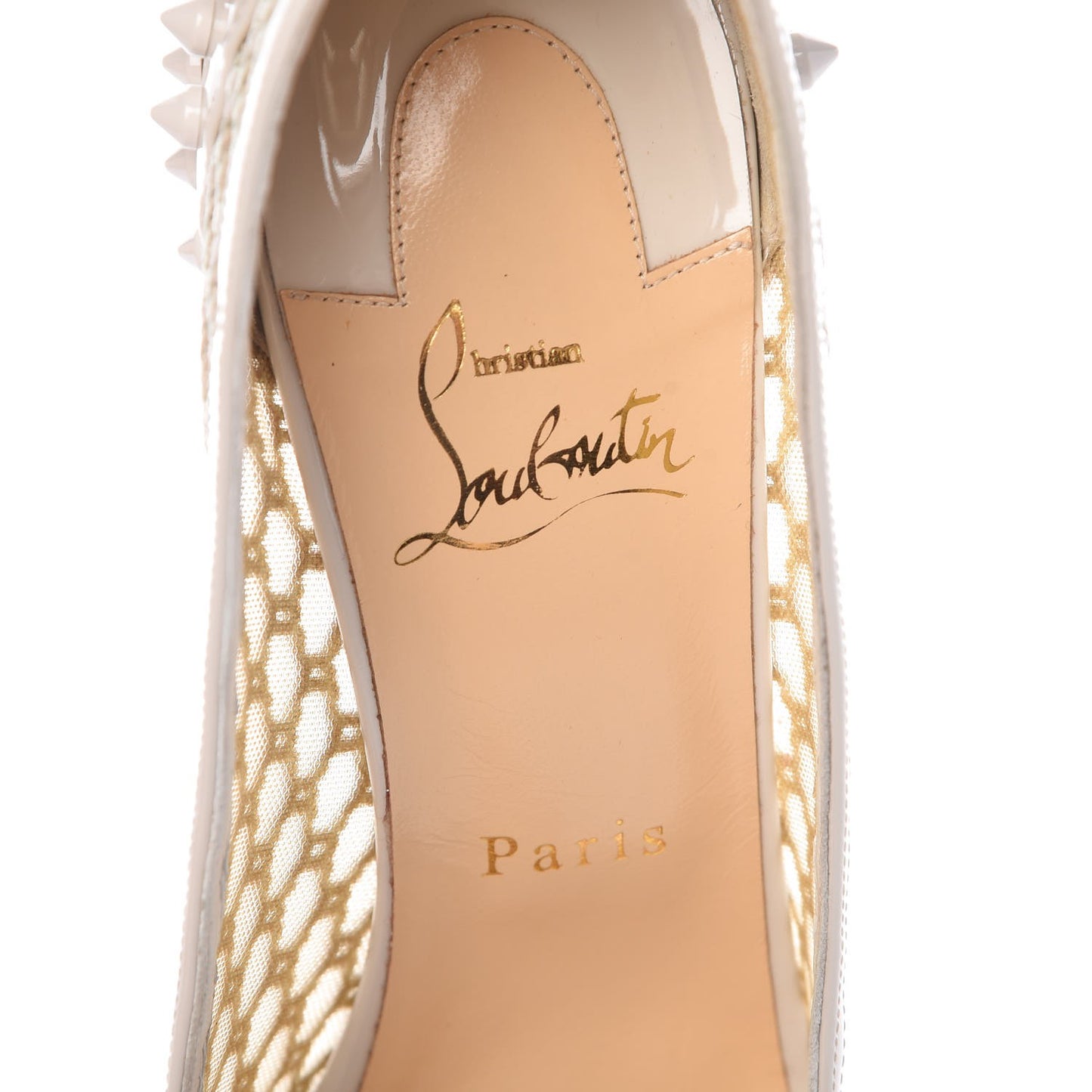 Fishnet Mesh Patent Guni 100 Spiked Pumps 39.5 Beige White Ivory