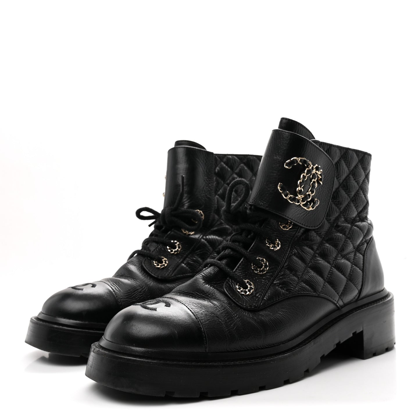 Shiny Lambskin Quilted Lace Up Combat Boots 41 Black
