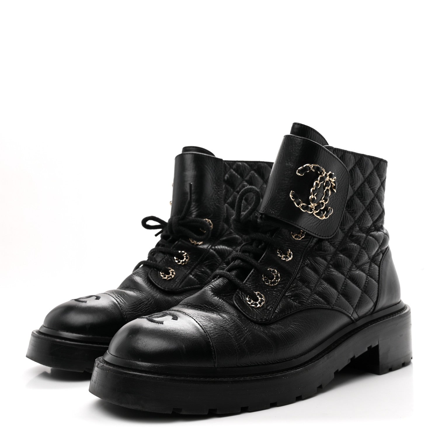 Chanel Shiny Lambskin Quilted Lace Up Combat Boots 41 Black 4 of 9
