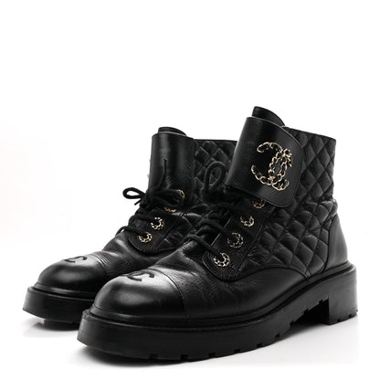 Chanel Shiny Lambskin Quilted Lace Up Combat Boots 41 Black 4 of 9