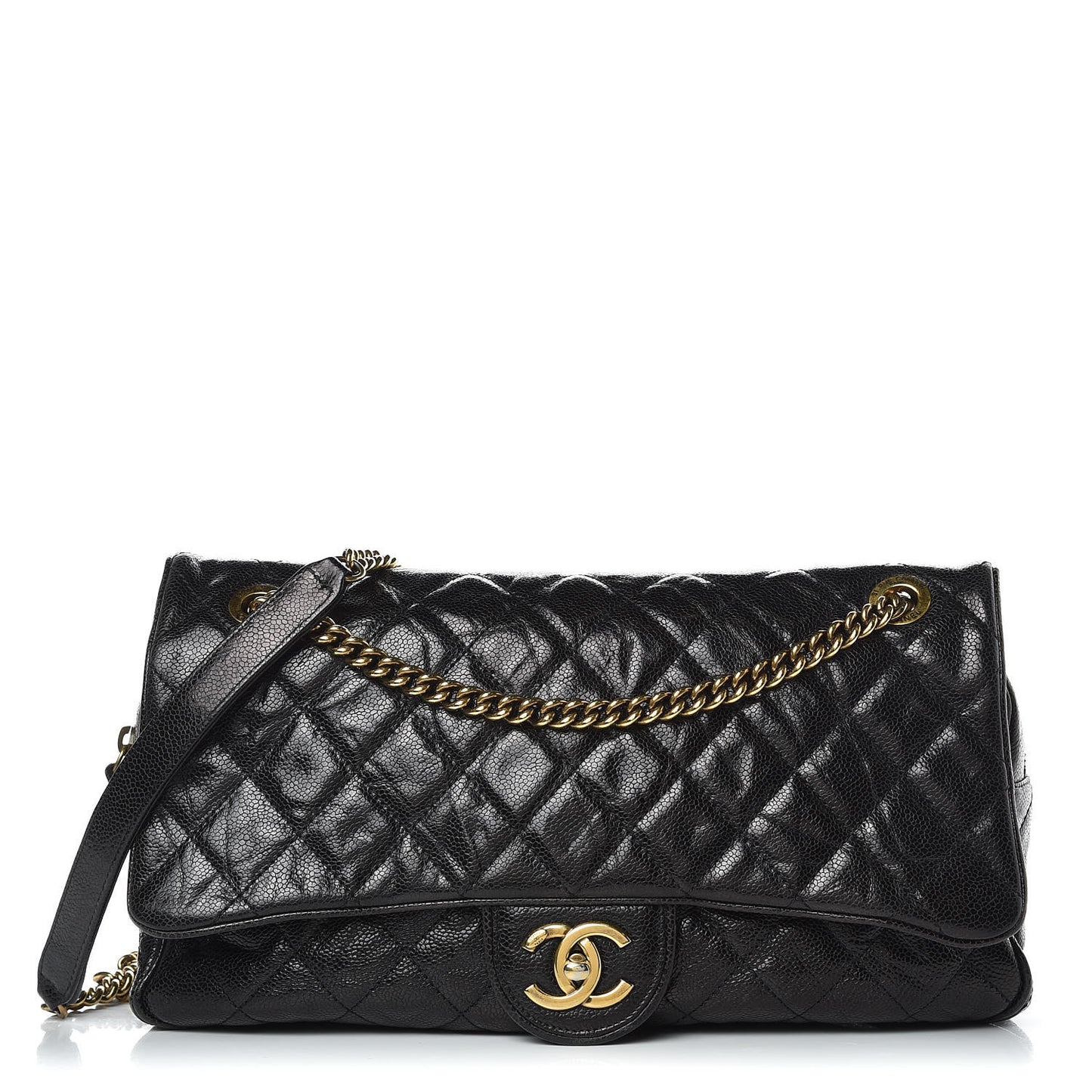 Crumpled Grained Calfskin Quilted Large Shiva Flap Black