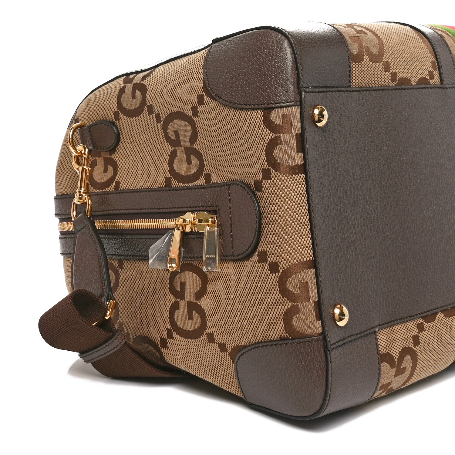 Gucci Monogram Jumbo GG Textured Dollar Calfskin Web Large Duffle Bag Camel Ebony 8 of 9
