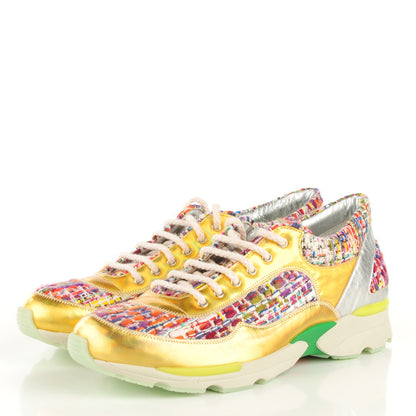 Chanel Tweed Lambskin Runway Sneakers 39.5 Gold 3 of 8