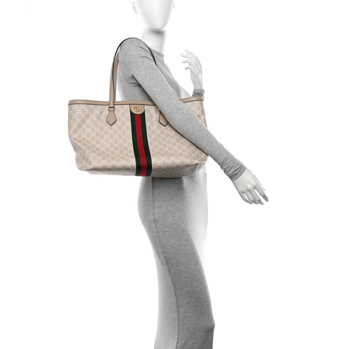GG Supreme Monogram Textured Dollar Calfskin Web Medium Ophidia Shopping Tote Beige Mystic White Oatmeal