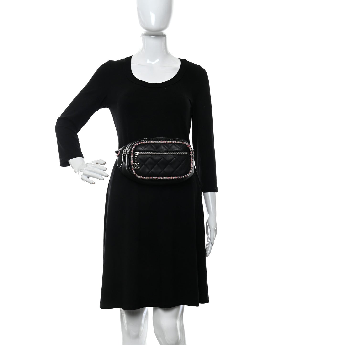 Lambskin Tweed Quilted Elegant Trim Waist Belt Bag Black